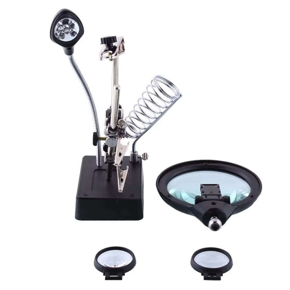 3 in 1 Welding Magnifying Glass with LED Light Auxiliary Lens Crocodile Clip Desktop Magnifier Hands Soldering Iron Stand Holder
