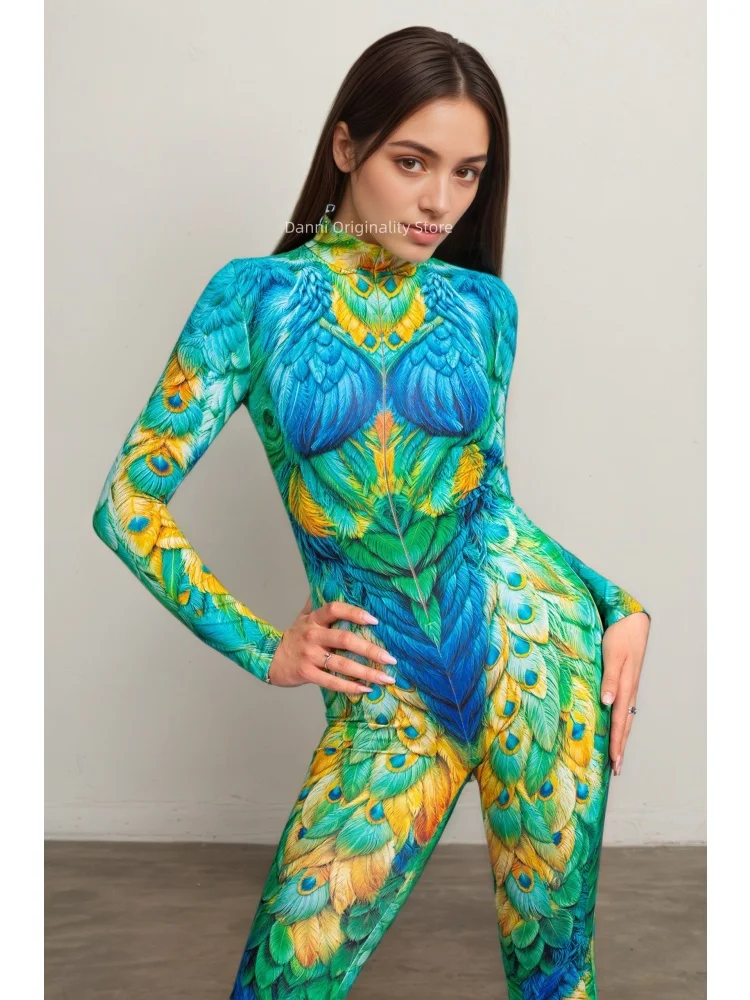 Peacock Cosplay 3D Feathers Print Flare Jumpsuit Women Colorful Long Sleeve Bodysuit Party Stage Rave Festival Performance Suits view 6