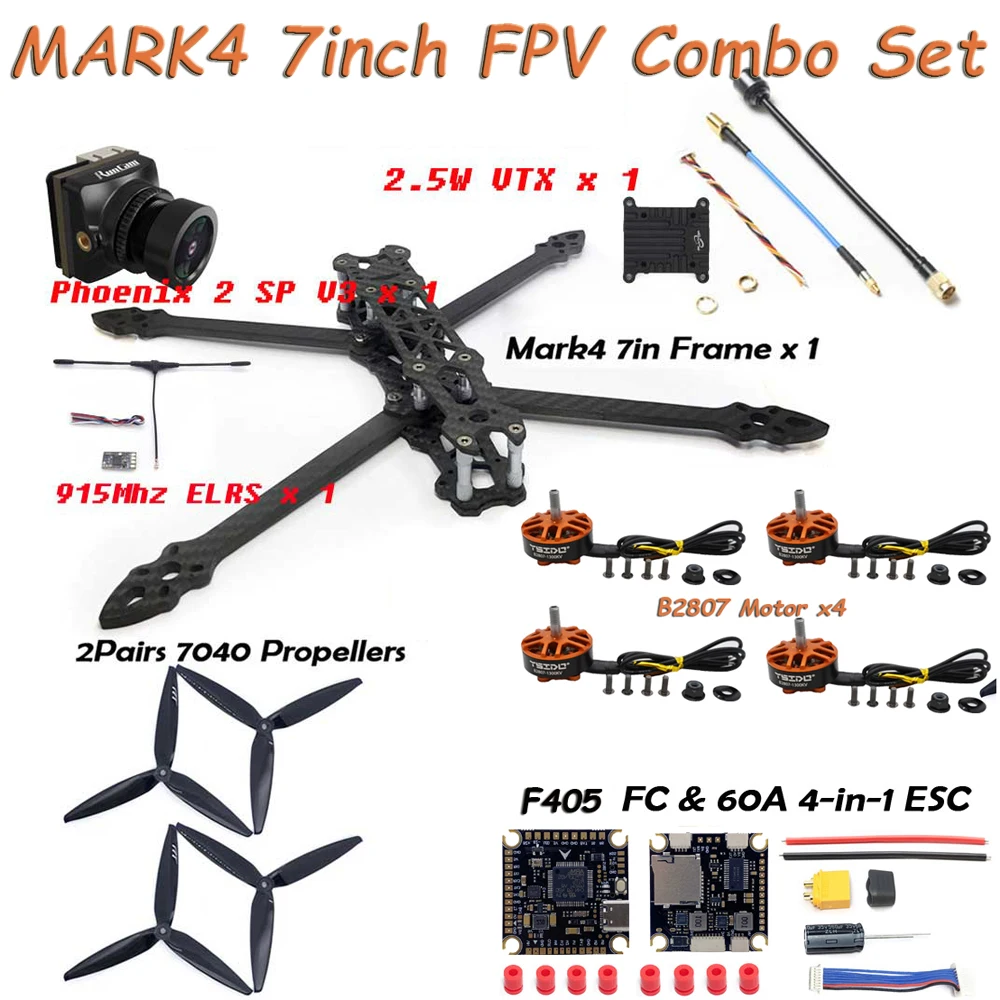 MARK4 7inch Carbon Fiber Frame Kit B2807 Brushless Motor F405 FC 60A ESC 7040 Propeller 2.5W VTX Camera for 7