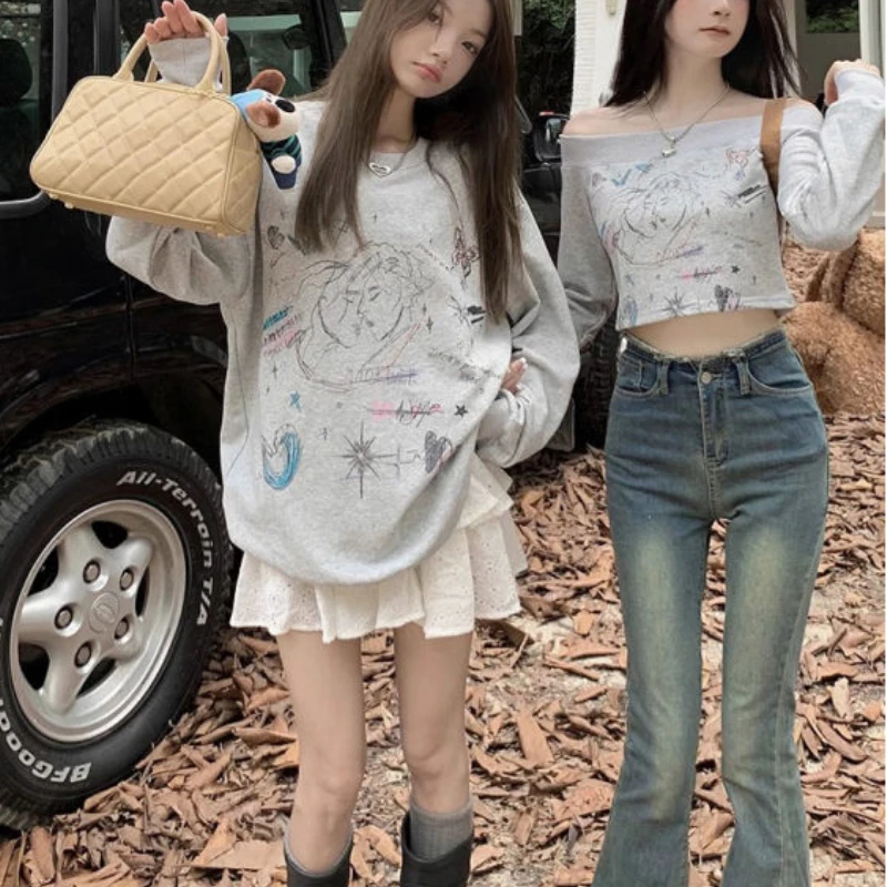 

Gray Sweet Harajuku Print Women All Macth T Shirts Korean Punk Casual Y2k Aesthetic Office Lady Streetwear Clothes American Tops