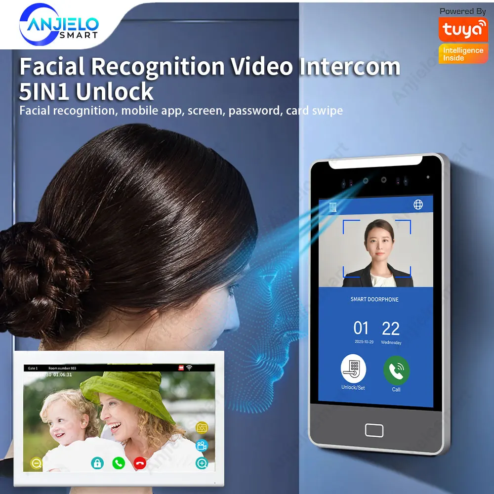 ANJIELO 5IN1 Unlock AI Face Recognition Video Intercom Smart Doorbell Villas High-rise Buildings Apartment Office TUYA Smart
