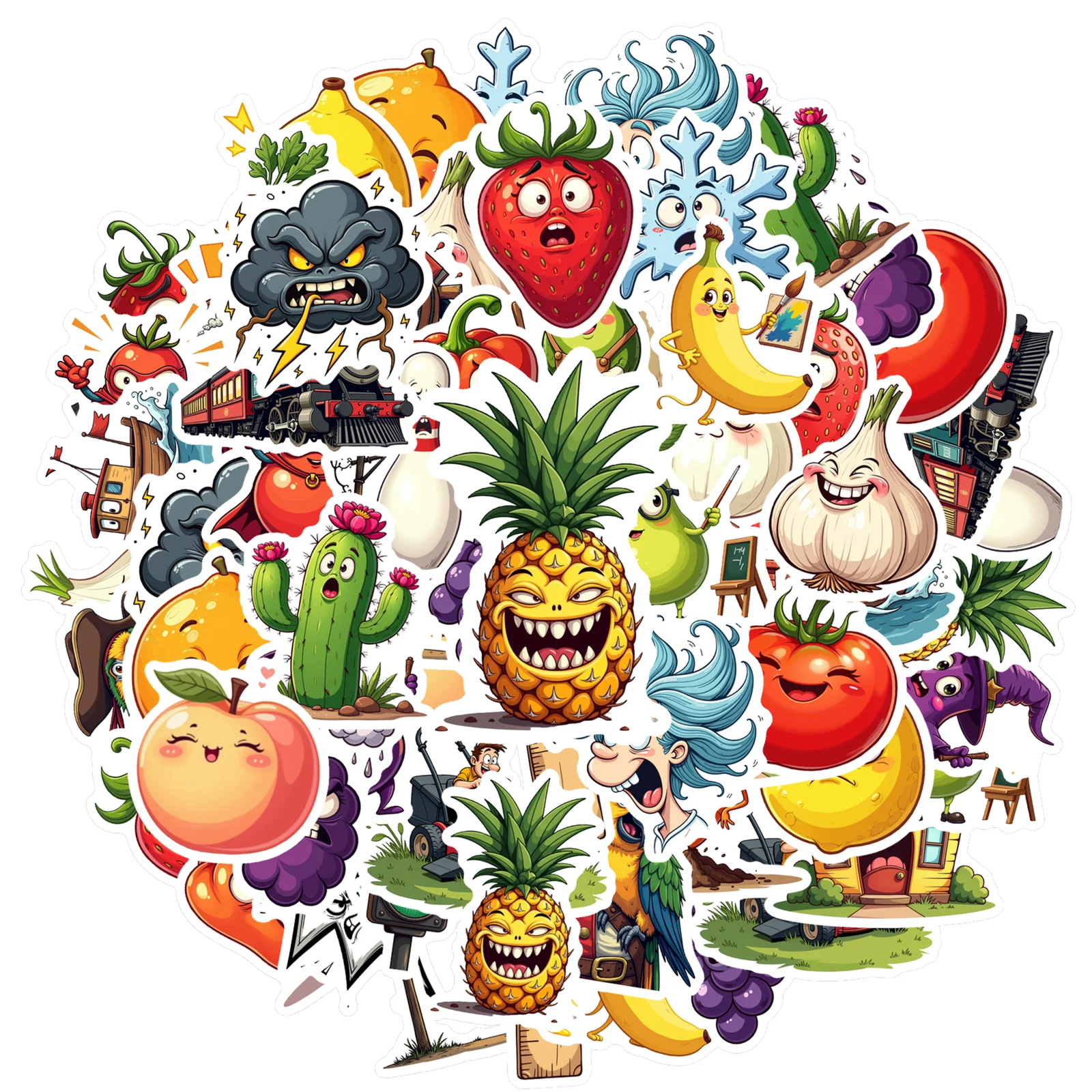 35-100pcs Cute Fruit Vegetable Stickers Cartoon Pirate Sticker For Water Bottle Laptops Scrapbooks Stationery PVC Graffiti Decal
