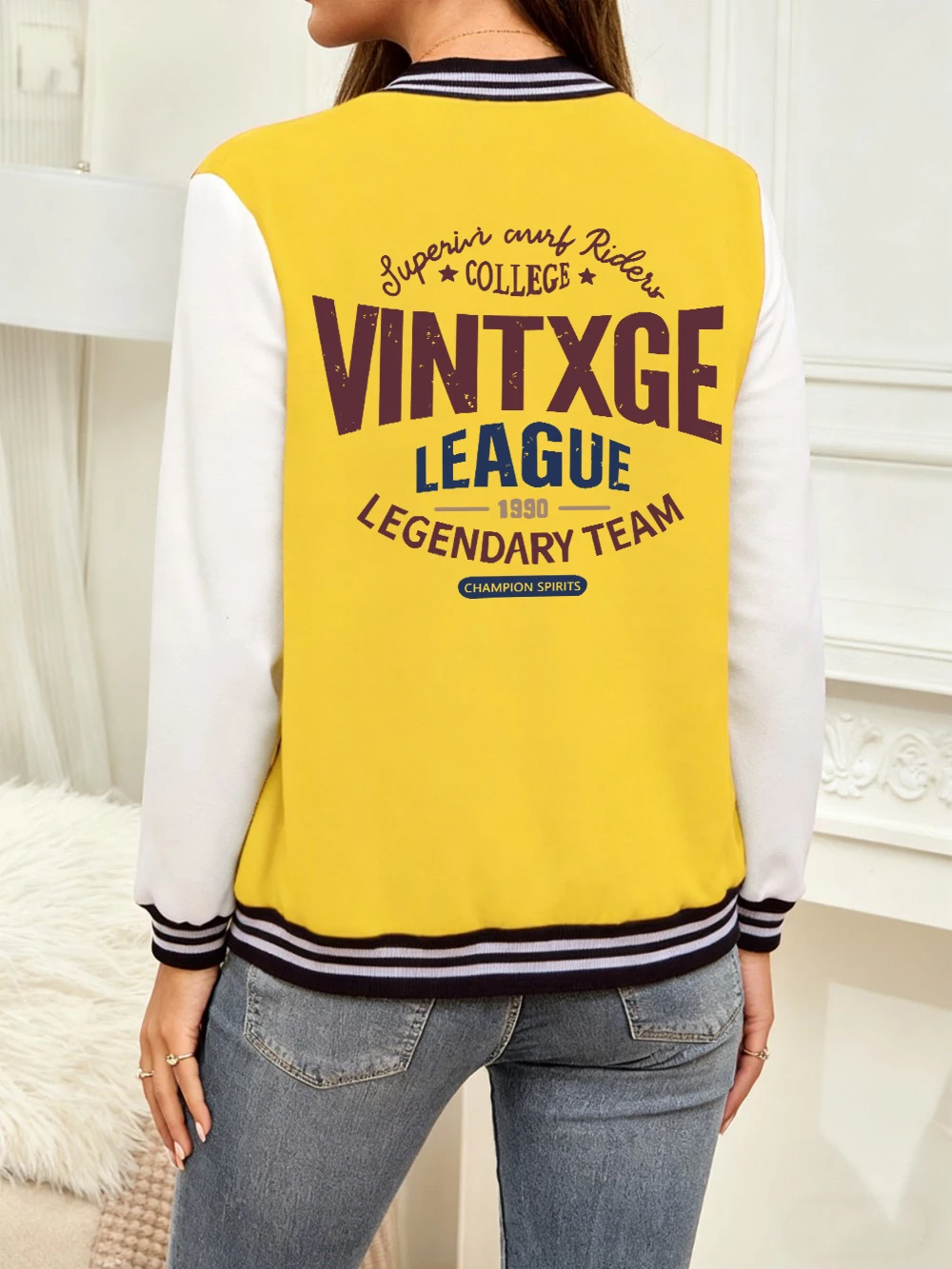 

Vintxge College League 1990 Prints Jackets Women Cotton Soft Baseball Jersey Street Loose Coats Winter Fleece Warm Woman Clothes