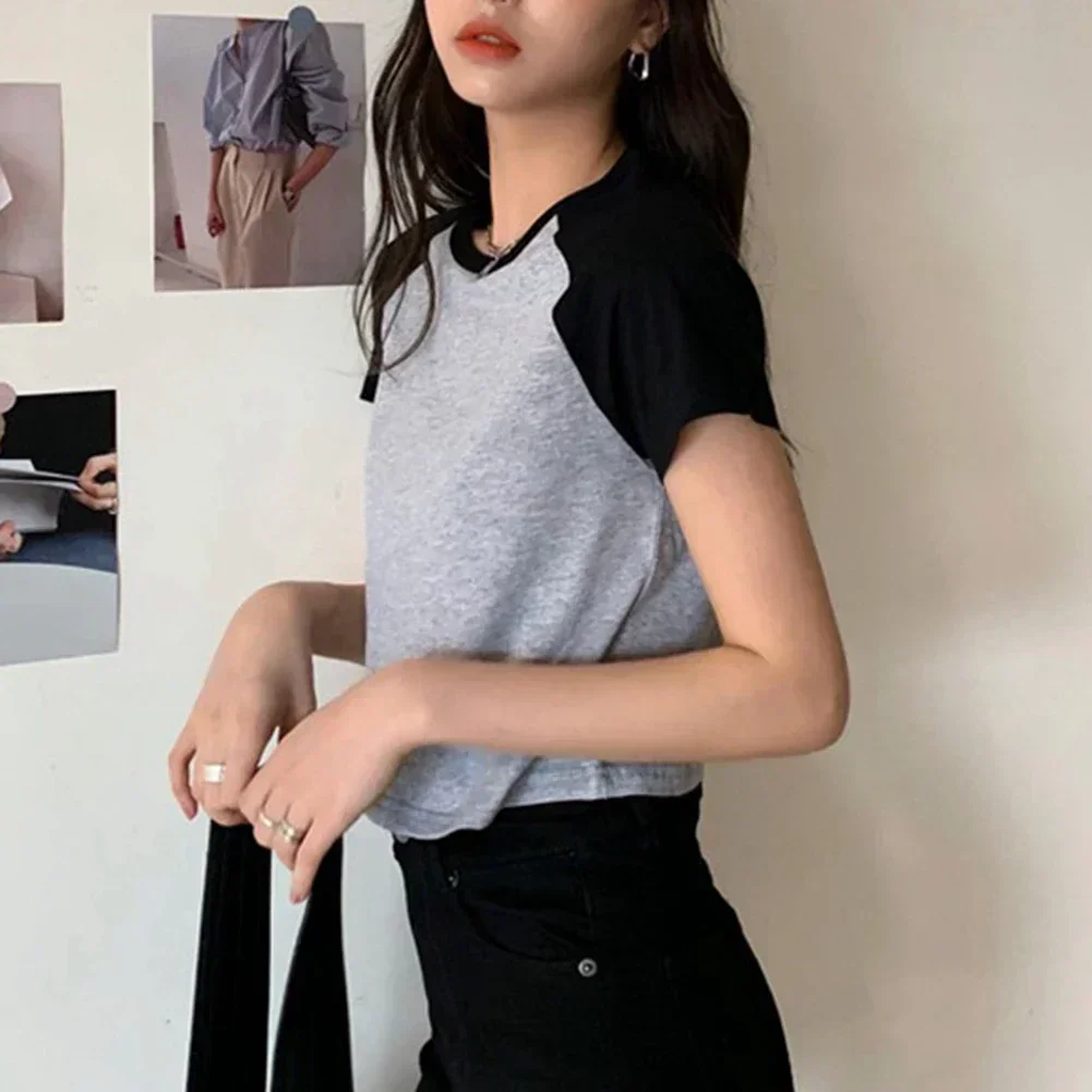 

Summer Navel T Shirt Casual Short Sleeve Womens Summer T Shirt Round Neckline Slight Stretch Fabric Student Fashion Tee