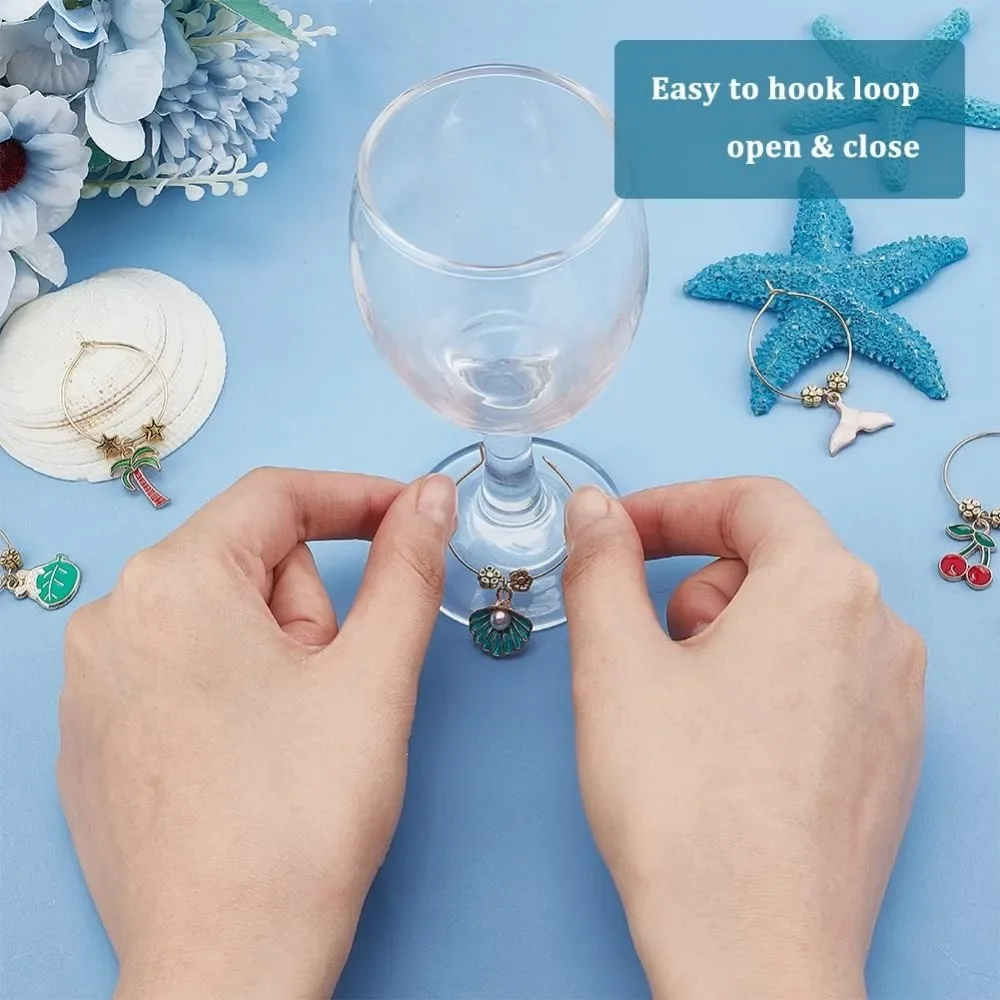 24 Style Summer Theme Wine Glass Charms Flower Fruit Goblet Drink Markers Tags with Hoop Rings and Beads for Cocktail