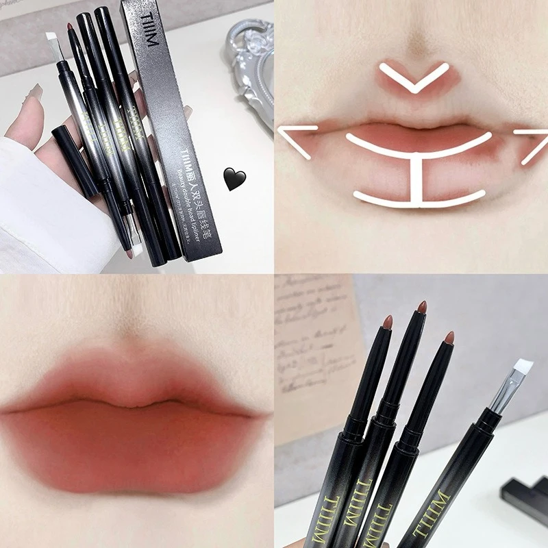 Crayon à lèvres mat 2 en 1 à double extrémité avec brosse à lèvres pigmenté naturel longue durée anti-taches définir les lèvres dodues maquillage de Date quotidienne