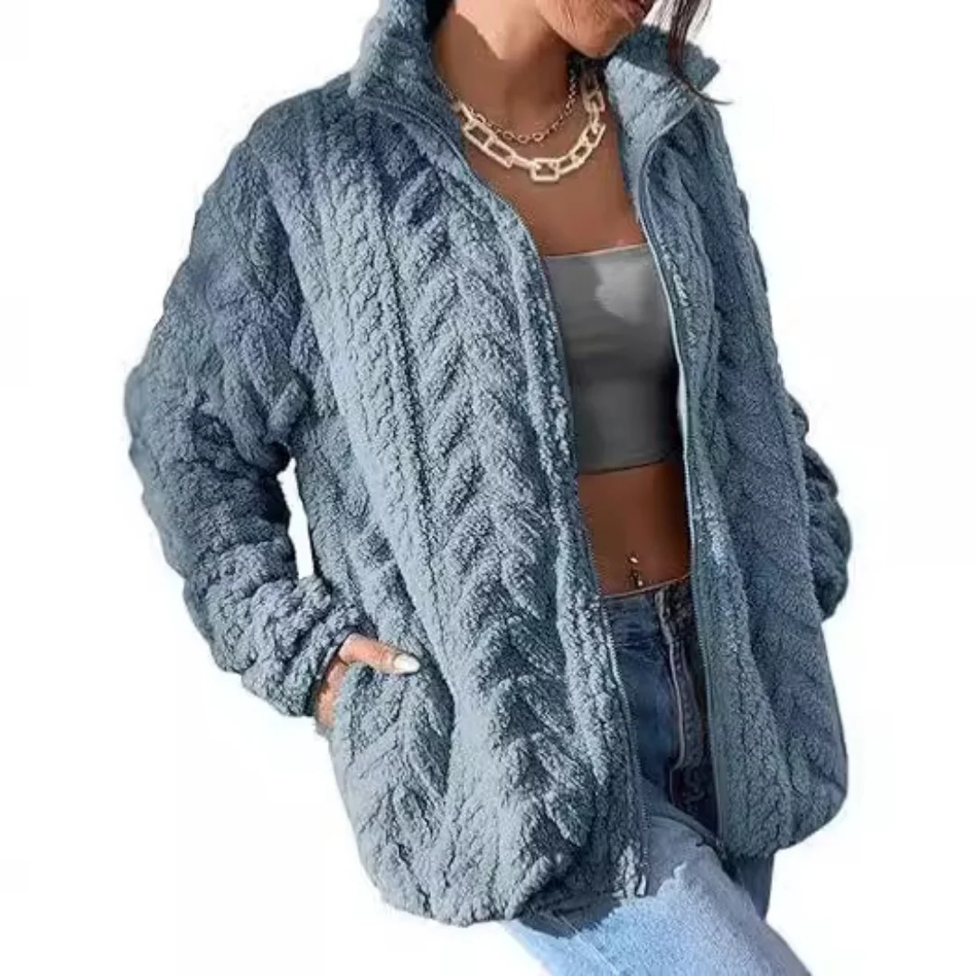 

Autumn Winter Women's Casual Zip Cardigan Solid Color Stand Collar Fleece Jacket New Style 2025