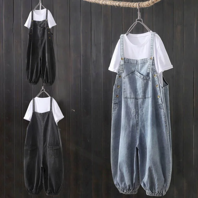 Black Denim Jumpsuits for Women Oversized Playsuit Denim Pants Loose High Waist Trousers Overalls for Women Clothes One-pieces