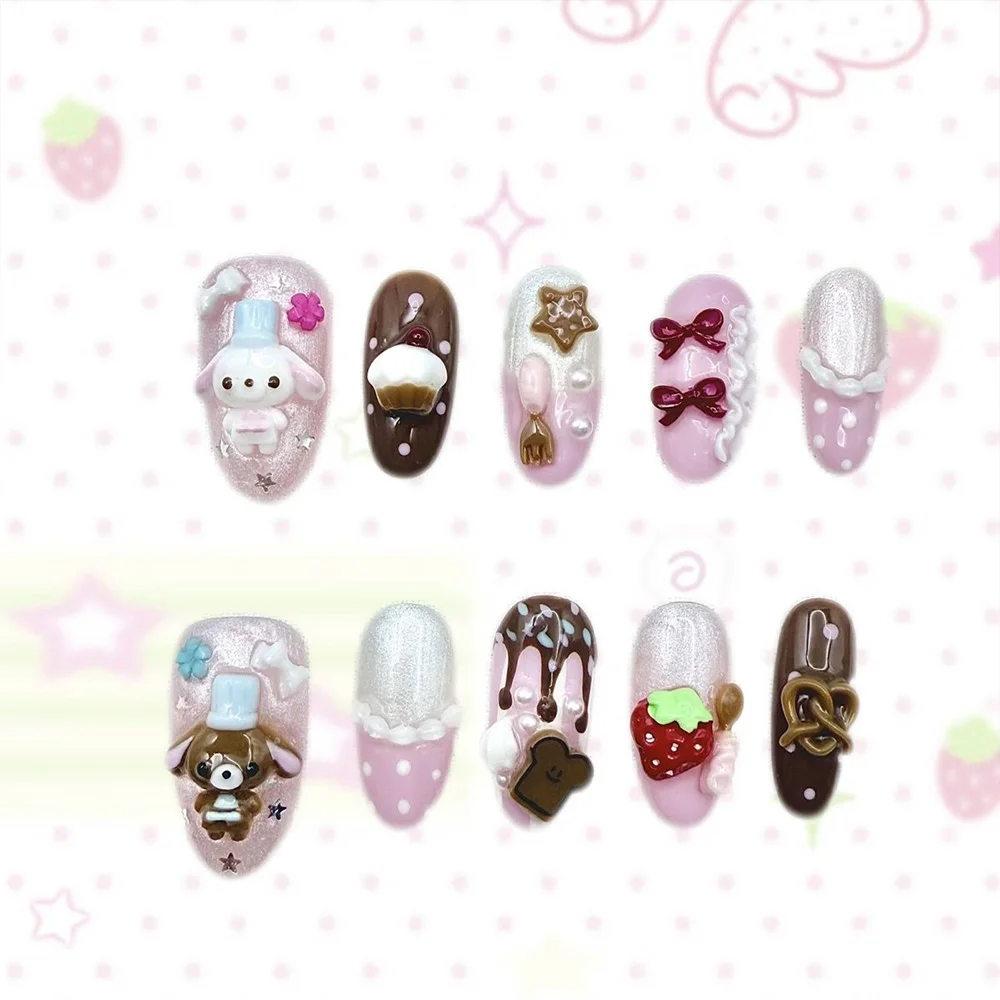 Cartoon Niedlicher Rosa Hase Dessert Liebesbär Ellipsen-Nagelkunst 3D Stern Schmetterling Knoten Flügel Punkt-Muster Künstliche Nägel Geburtstagsgeschenk – Detail 18