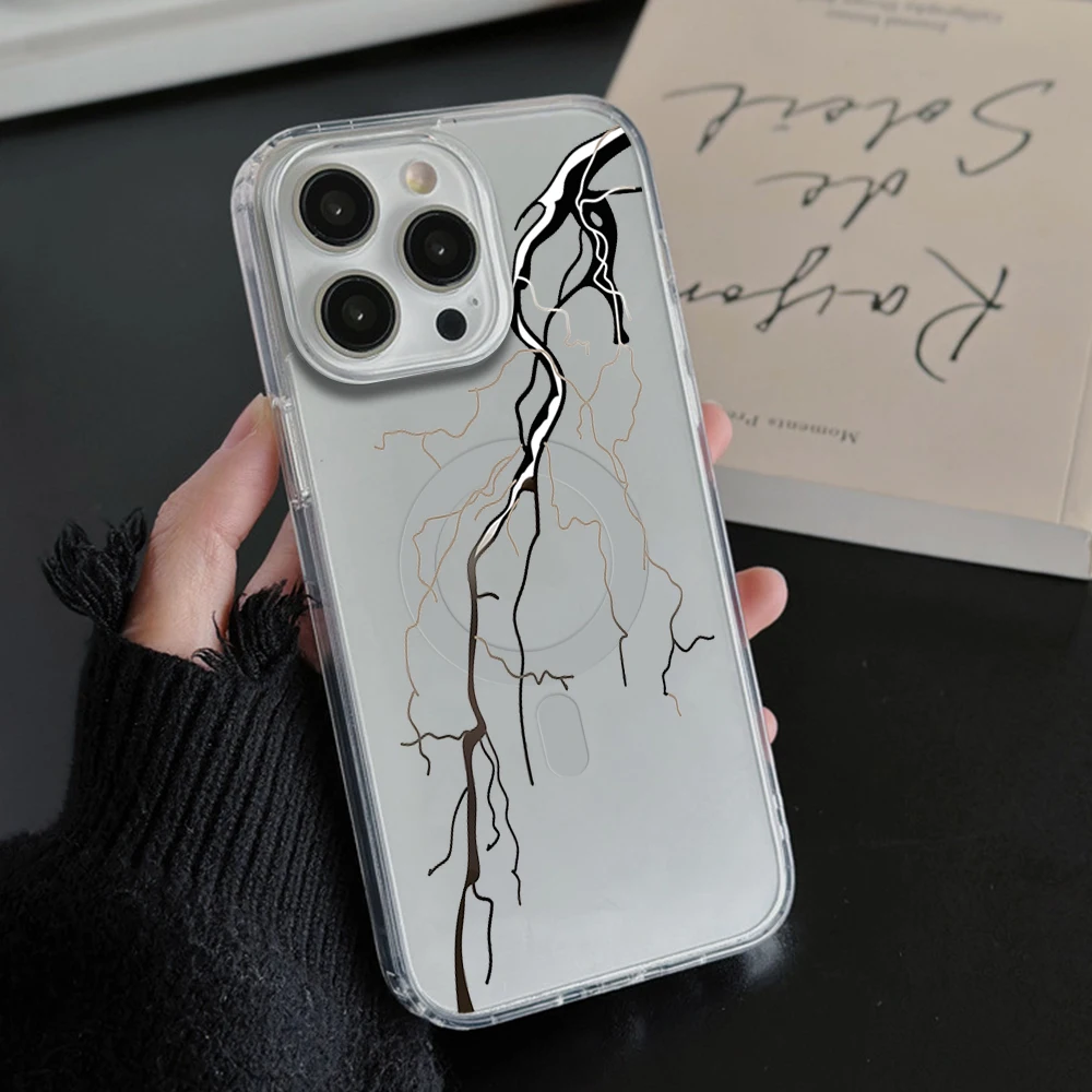 Thunder stripe texture Phone Case For iPhone 11 12 13 14 15 16 Pro Max Plus Magesafe Magnetic Transparent Charge Soft Shell