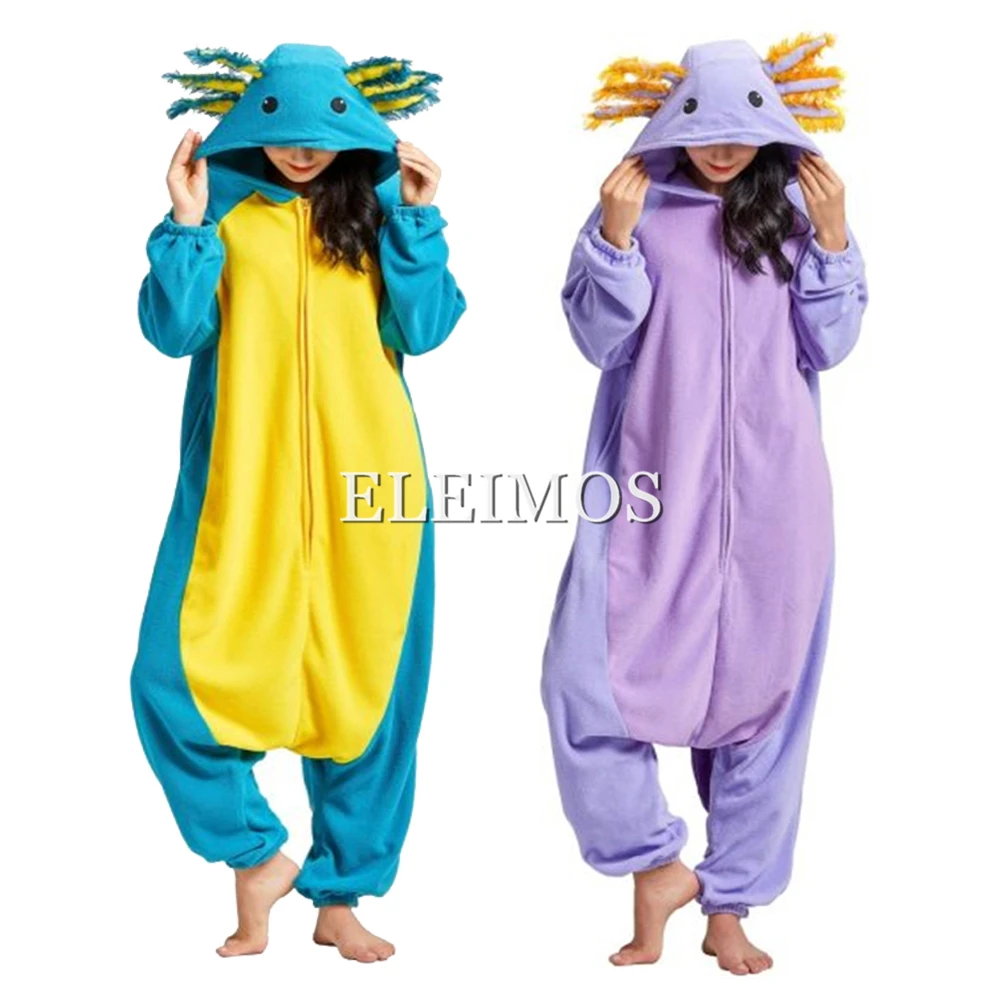 Halloween Onesie Voor Vrouwen Mannen Volwassen Dier Kigurumis Pyjama Cartoon Blauw Paars Axolotl Pyjama Homewear Cosplay Kostuum