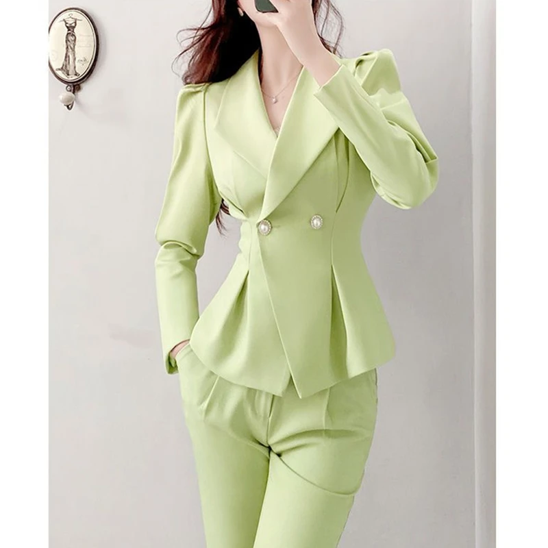 Spring Autumn Women Green Blazer Pants Two Piece Set Korean Office Lady Graceful Slim Coat Flare Trousers Suit Jacket Outfits