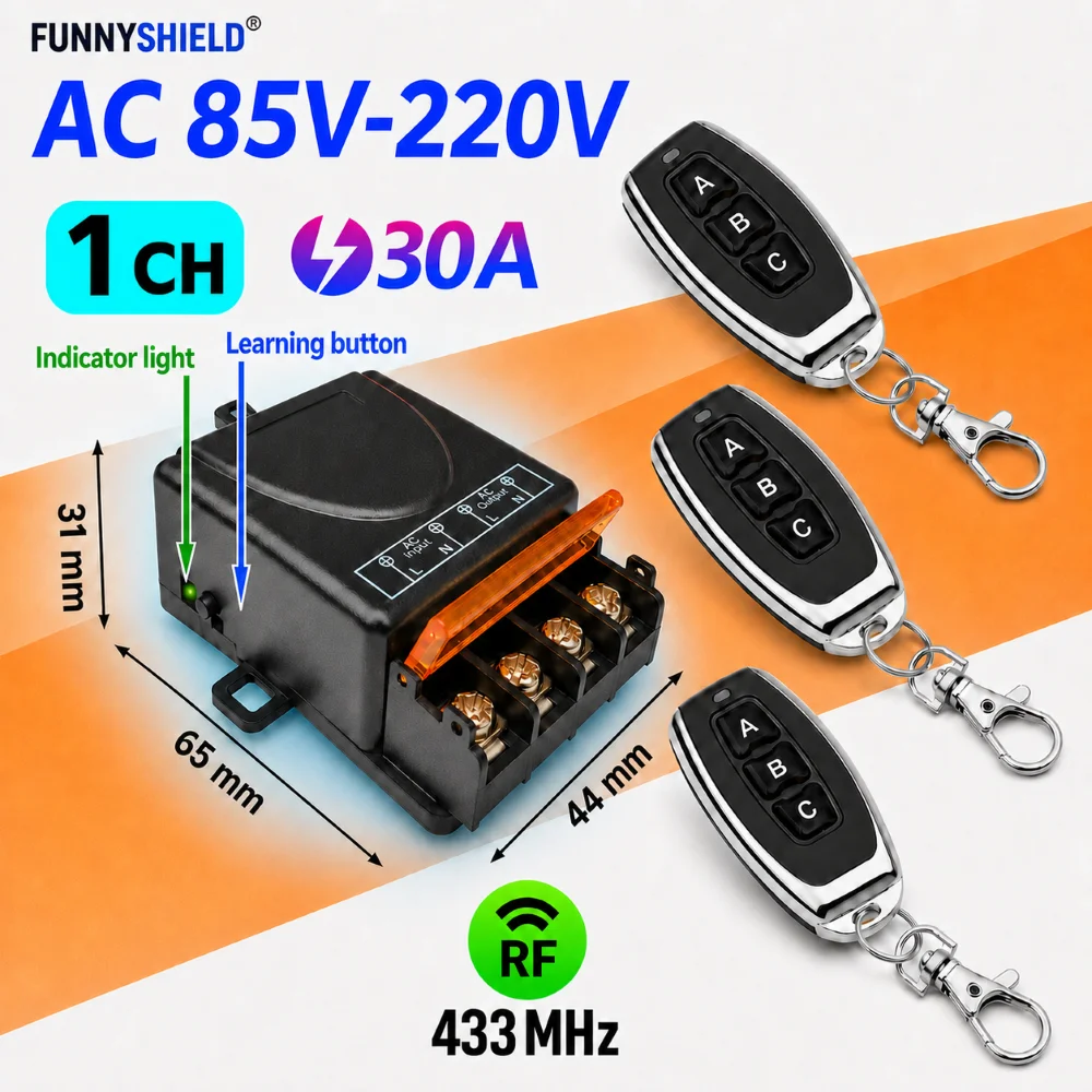 FUNNYSHIELD 433Mhz Universal Wireless Remote Control Switch 30A AC 110V 220V 100 Meters Relay Receiver for Pump Motorcycle DIY
