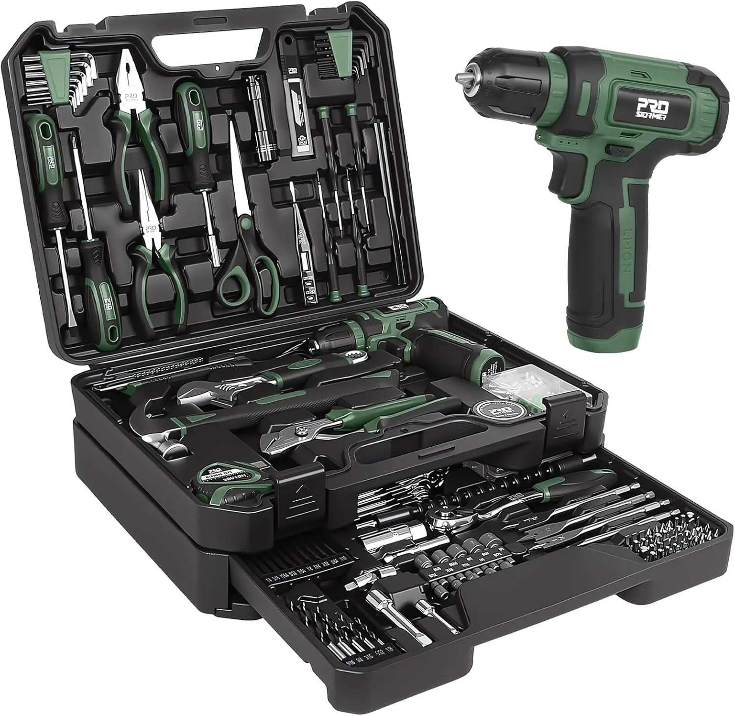 

369-Piece Home Tool Kit with 8V Cordless Drill, Organized Storage Case, General Household Repair & DIY Set (Green)