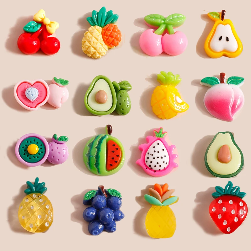 10pcs Mix Cute Mini Fruit Charms Pear Cherry Pineapple Peach Avocado Flat Back Resin Cabochons Scrapbook DIY Jewelry Accessories