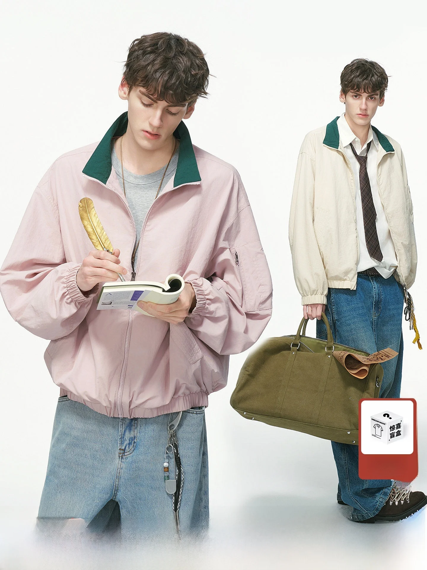 American Style Color Block Workwear Jacket Men's Spring Autumn Casual Couple Flight Jacket Loose Fit Drawstring Polyester Fiber