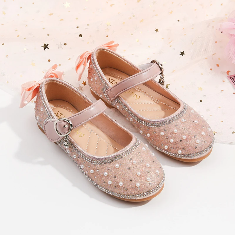 

Children Leather Shoes Back Ribbon Bowknot Princess Girl Party Dance Shoes Student Flat Kids Glitter Rhinestone Dress Mary Janes