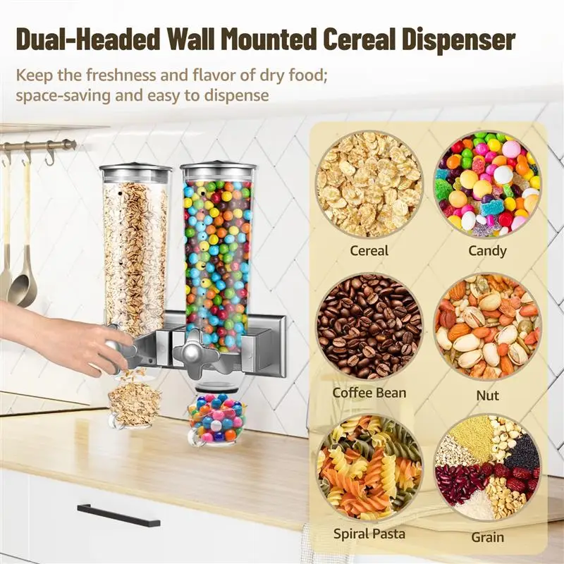 Dual-Headed Wall-Mounted Cereal Dispenser 3L Dry Food Dispenser Wall Mounting Candy Dispenser Grain Wall Dispensing Canister