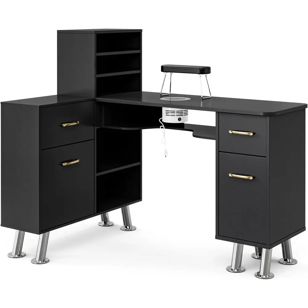 

Маникюрный стол L-образной формы с электрической вентиляцией, складными подлокотниками, шкафчиком для хранения, ящиками, металлическими ручками для мастеров маникюра (черный)