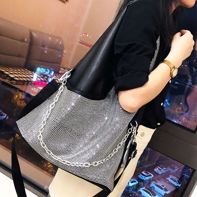 Fashion New Luxury Women's Leather Rhinestone Large Capacity Laptop Work Tote Bag Luxury Designer Shiny Diamond Chain Tote Bag