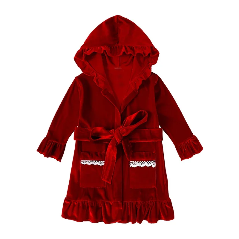 

Ruffkids Ruffle Hooded Girls Pijamas Sleepwear Robes Bathrobe Warm Red Velvet Baby Boys Pajamas Christmas Pjs Kids Bath Robe