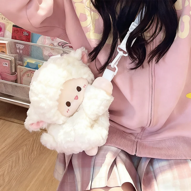 Mochila cruzada de felpa de oveja suave de dibujos animados Kawaii, monedero bonito, pose tumbada, viaje diario, bolso de muñeca versátil a la moda, regalo de vacaciones