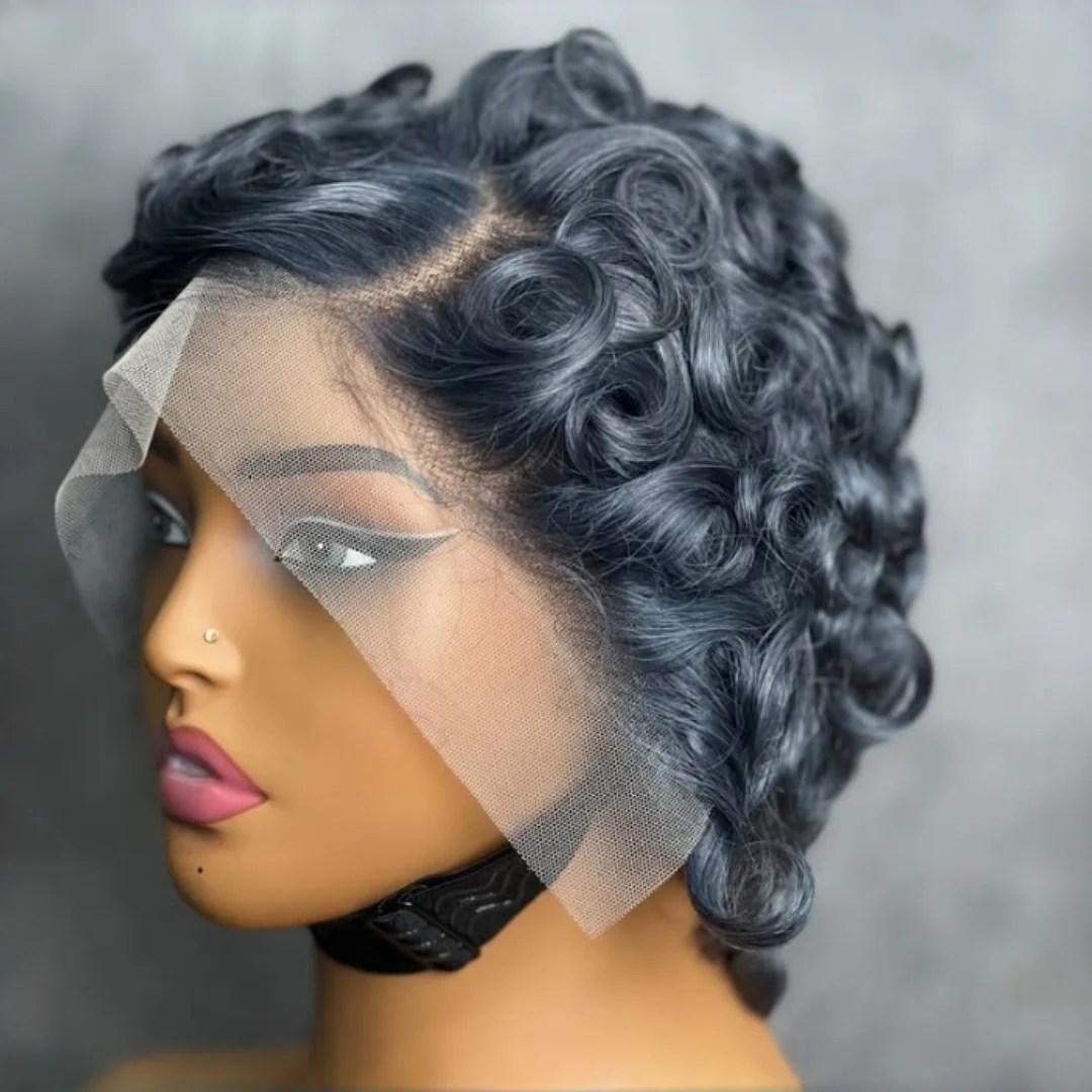 

6-дюймовый парик пикси, человеческие волосы 13x4, прозрачный парик шнурка, волнистый серый и 613 # светлый цвет для женщин