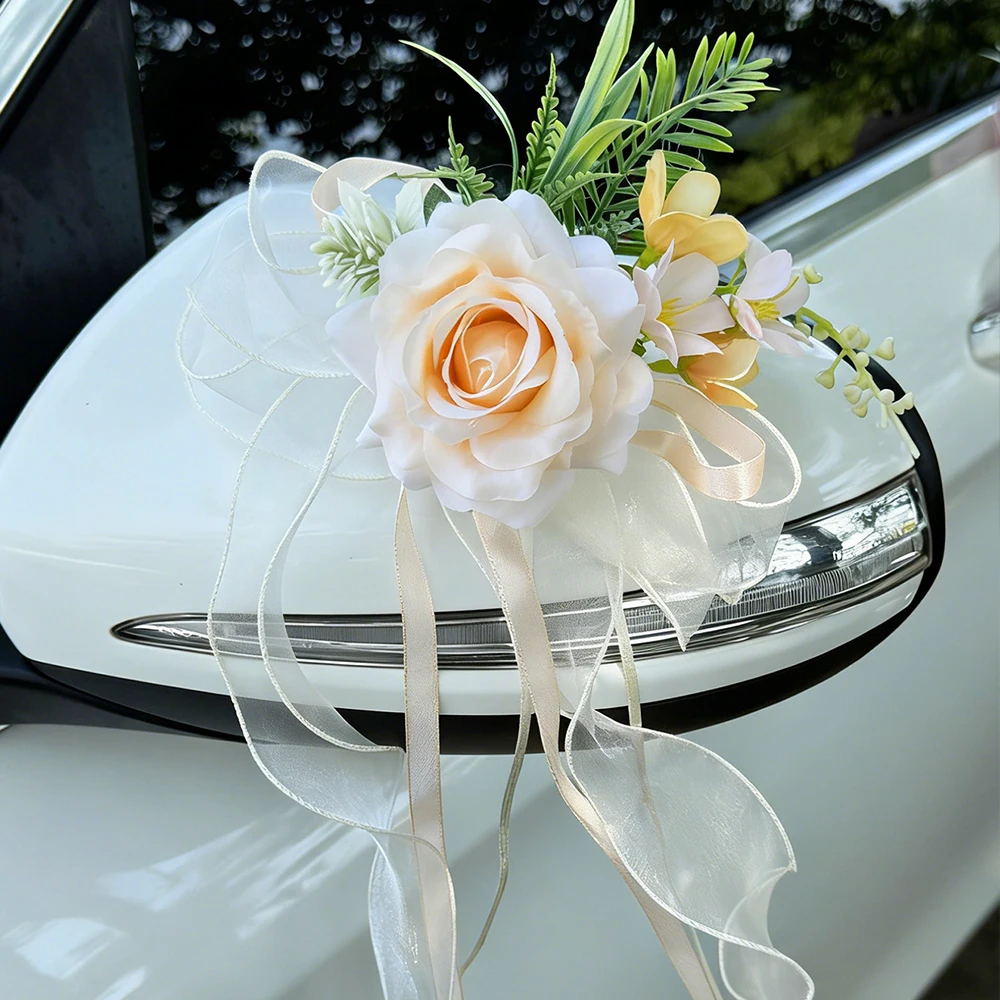 Weiße Rosen Hochzeitsauto-Spiegelblumendekoration, Künstliche Blumen-Autospiegeldekoration mit Band, Romantische Brautauto-Dekoration für Hochzeitszeremonie – Detail 3