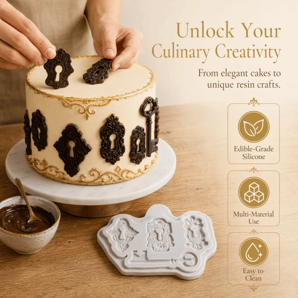 Gray Color Silicone Fondant Mold Fondant Compatible Mini Size Keyhole Cake Mold Steampunk Design Lock And Key Key Pattern Mold