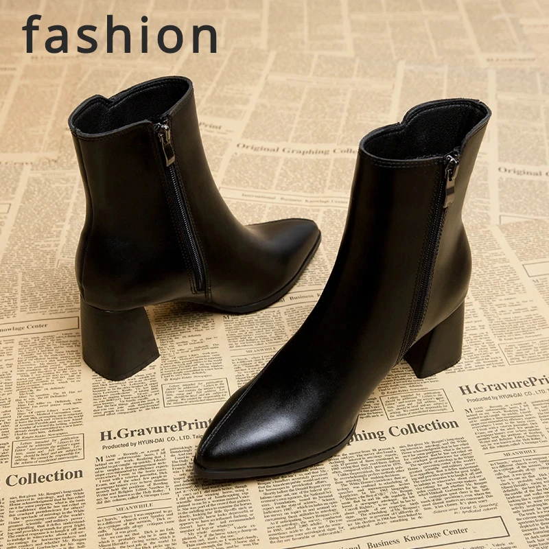 

Spring and Autumn New British Style hick Heel Women's Boots Pointed Toe Thin Side Zipper Black Nude Boots Women Mid-heel Fashion