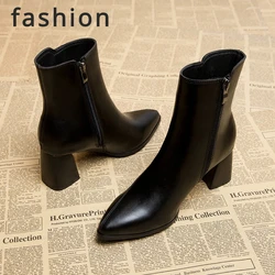 Spring and Autumn New British Style hick Heel Women's Boots Pointed Toe Thin Side Zipper Black Nude Boots Women Mid-heel Fashion