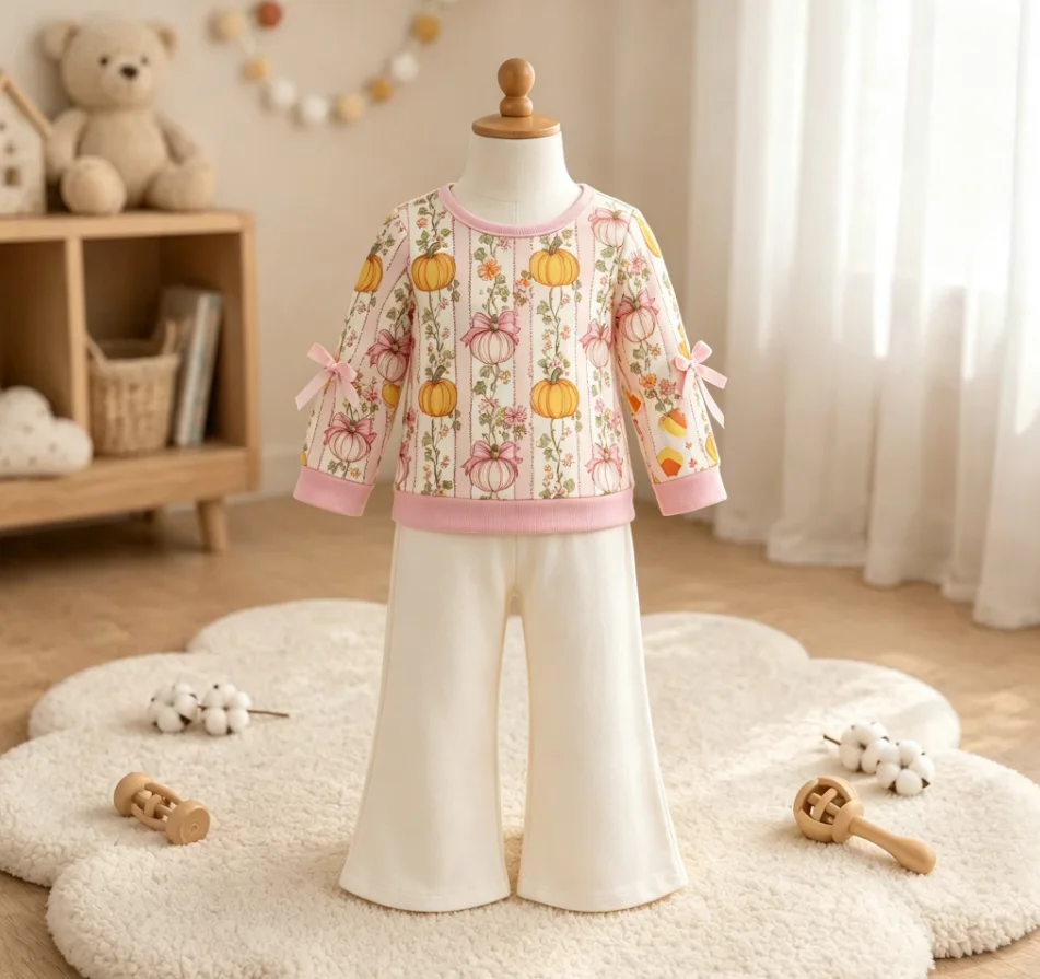 Wholesale Toddler Girls Thanksgiving Pullover Baby Girl Pumpkins Bows Flower Shirt Kids Children Long Sleeves Fall Clothing