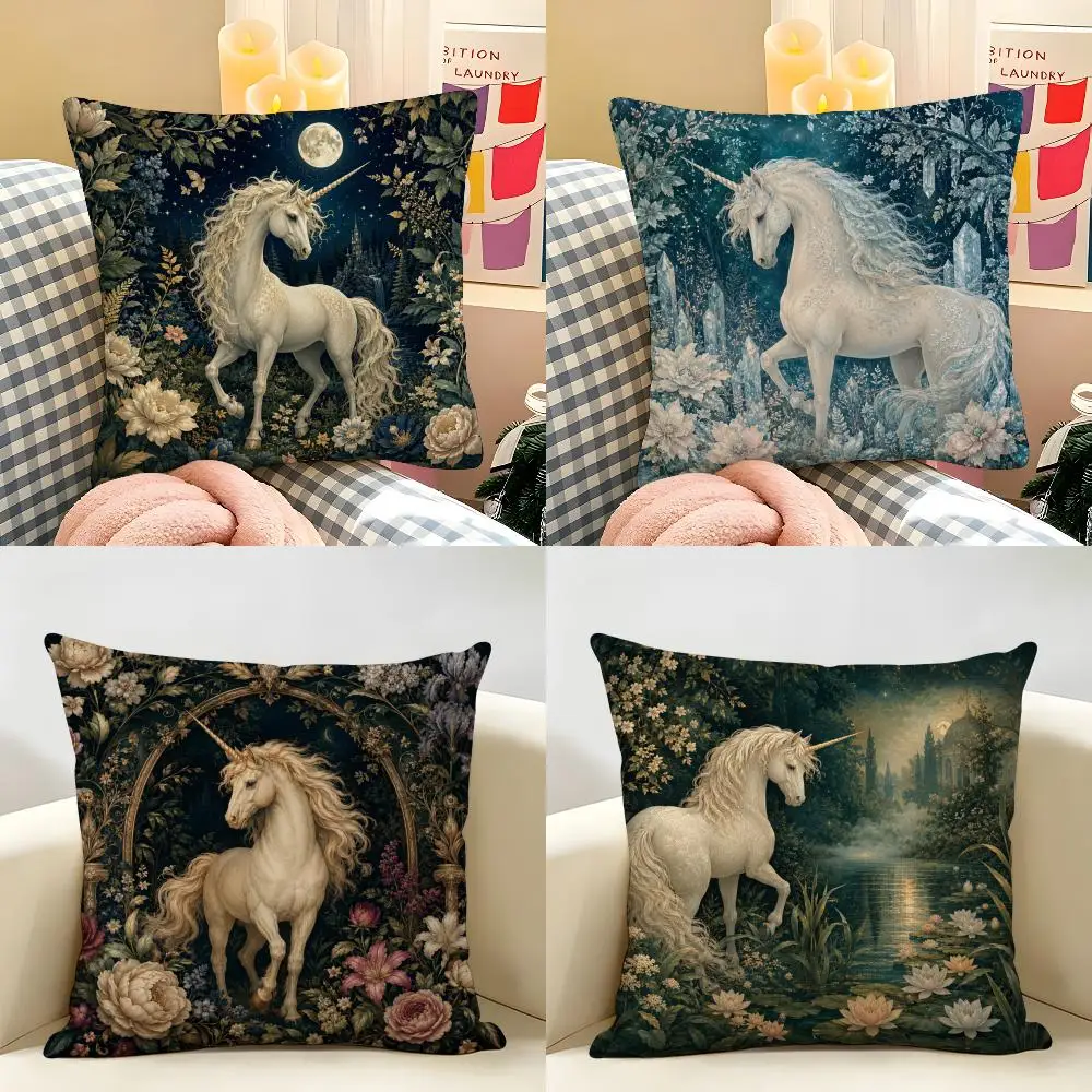 Fairycore Unicorn Forest Cushion Cover Natural Linen Organic Fabric Double-Sided Printing Breathable Perfect For Home Decor