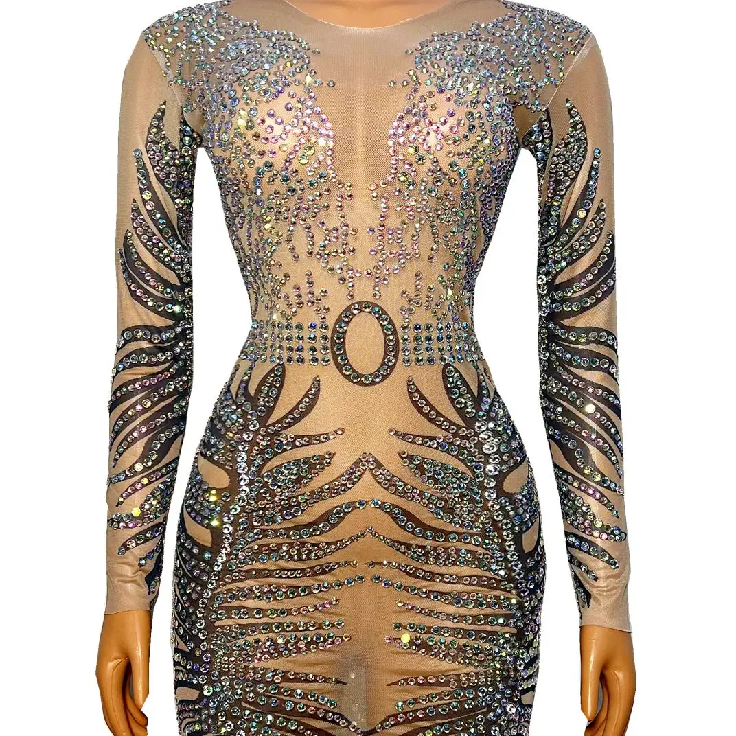 Robe de Soirée Transparente en Maille, Tenue de Soirée à Manches sulf, Robe de Scène