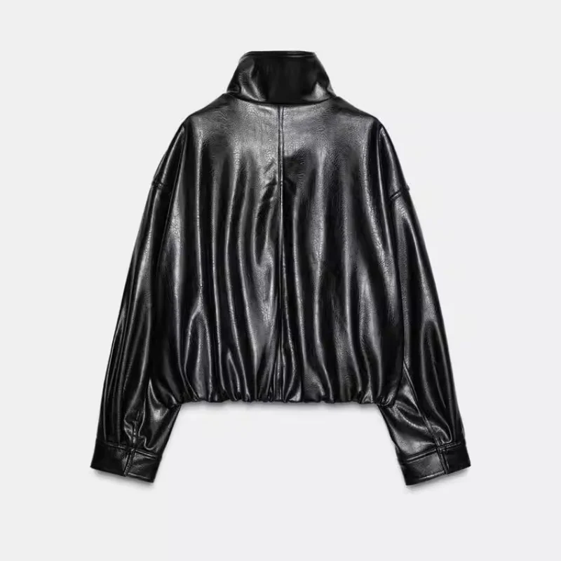 Spring 2026 Women's Casual Loose Fit Faux Leather Jacket Black Fluffy Versatile Outerwear Long Sleeve Zipper Closure Ladies Coat