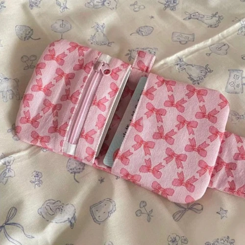 Imagen 2 del producto Monedero con estampado de lazo rosa bonito, tarjetero, cartera para mujer, bolsa de almacenamiento de tarjetas bancarias de lona a la moda
