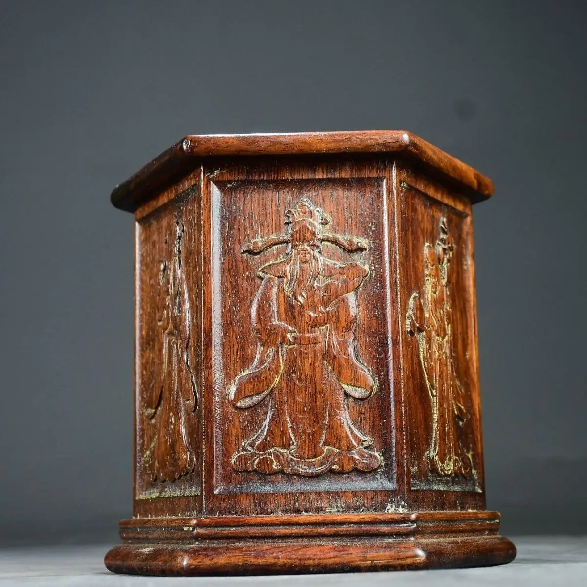 Old Tibetan rosewood carving Fulushou three-star pen holder, 17 cm high and 16.5 cm in diameter