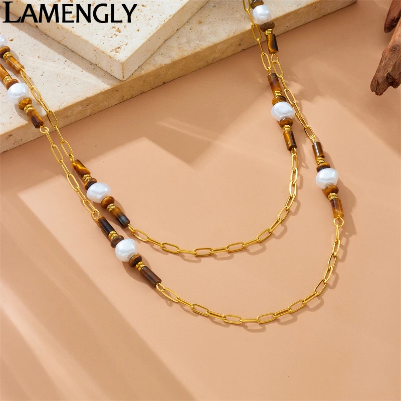 LAMENGLY 316L Stainless Steel Double Layered Amber Beads Link Chain Necklace For Women Retro Exquisite Non-Fading Clavicle Chain