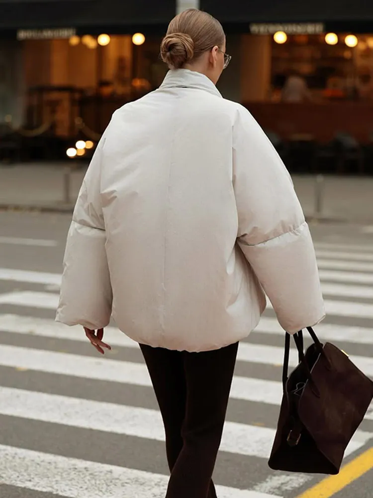 

Elegant Lace Up Short Cotton Coat Women Chic Solid V-neck Full Sleeve Waist Cinching Loose Warm Coats Lady Winter Commute Wear