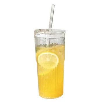 1/2PCS 600ml Stripe Glass Cup with Lid and Straw Transparent Drinking Glasses for Juice…