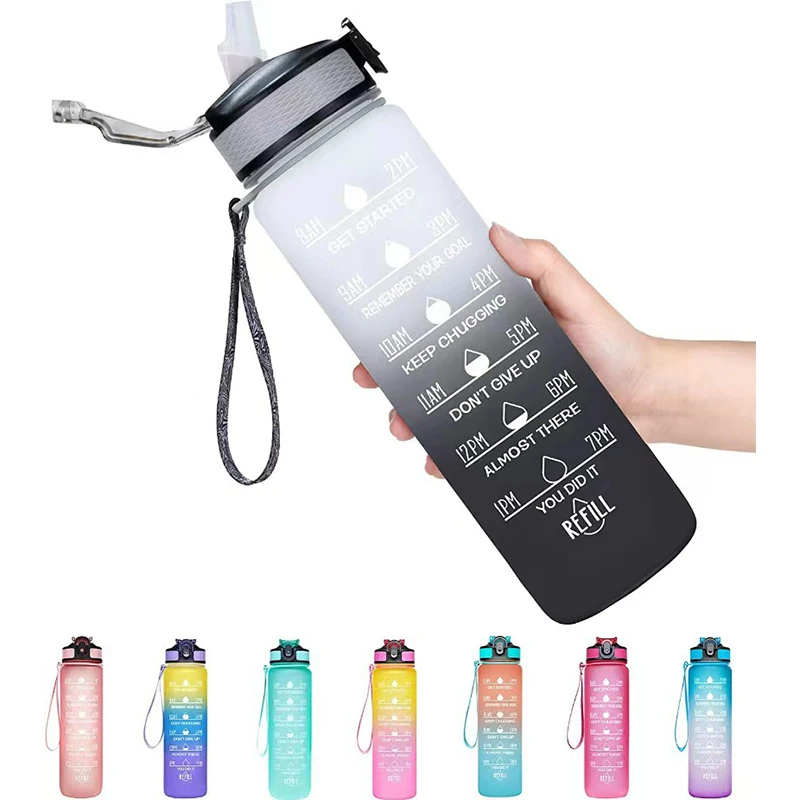 

1L Motivational Sports Water Bottle Outdoor Time Marker Frosted Straw Cup Scale Fitness Workout CupsCamping Supplies Drinking