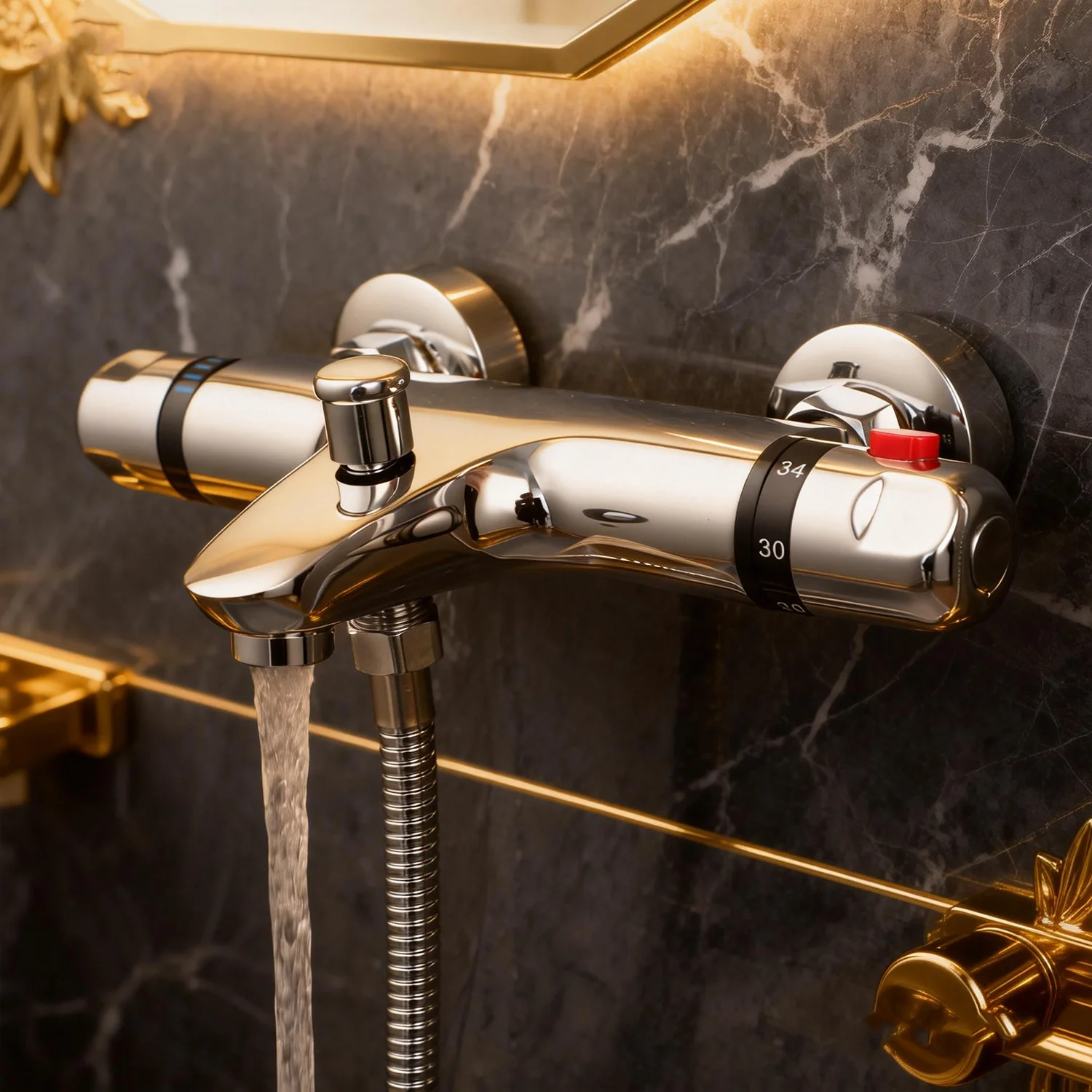 Torayvino Thermostatic Bath Shower Control Valve Bottom Faucet Wall Mounted Bathroom Chrome Polished Temperature Mixer Water Tap