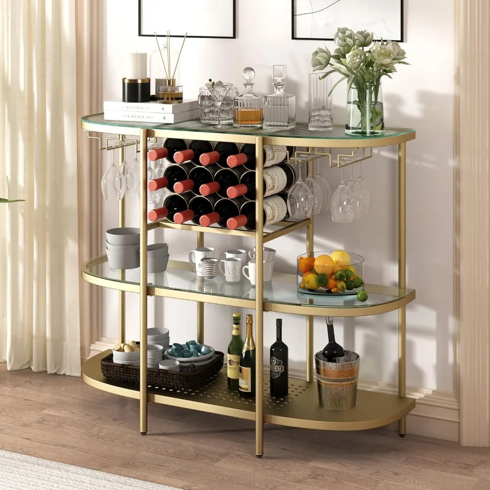 Wine Rack Table with Glass Holders, 3-Tier Liquor Bar Table, Home Bar Coffee Bar Table for Living Room Kitchen, Gold