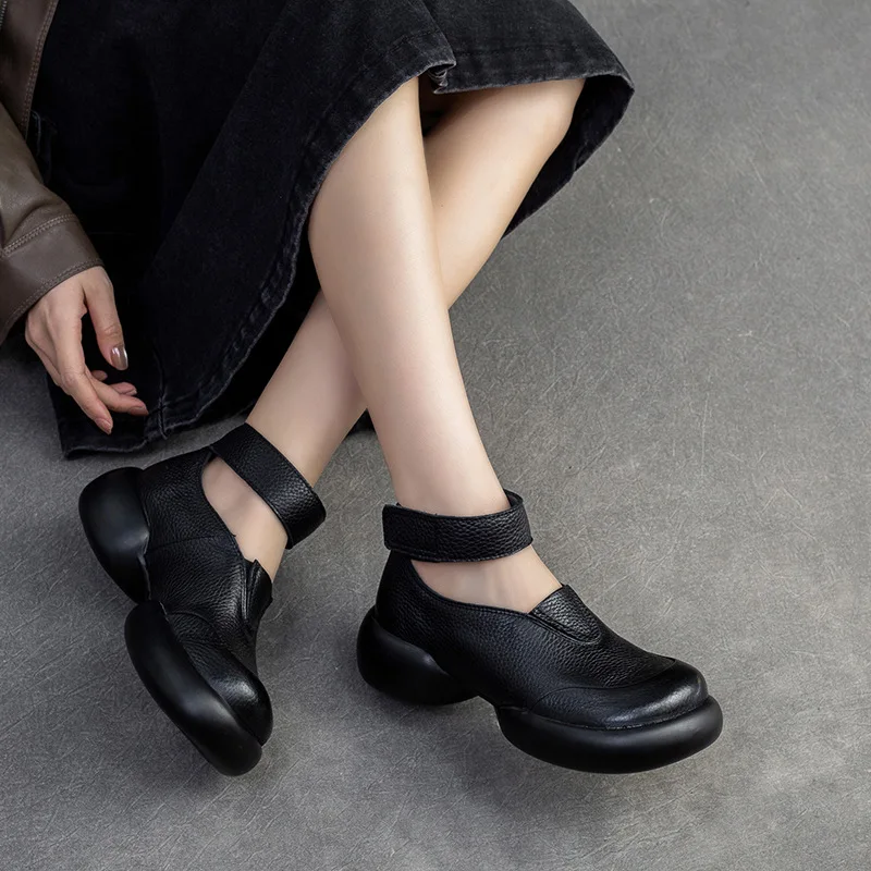 

2025 Spring New Genuine Leather Round Toe Thick Sole Pumps Casual Comfortable Hook & Loop Women's Shoes