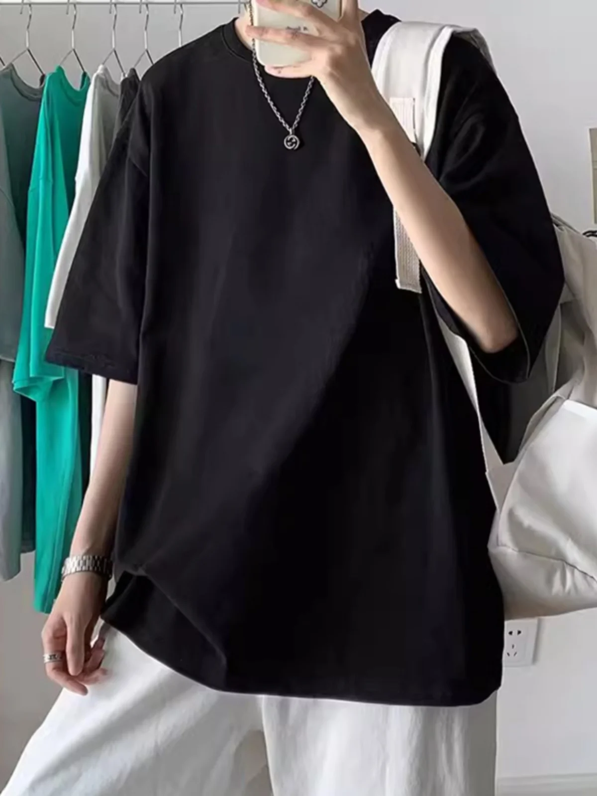 تي شيرت بأكمام قصيرة من القطن الخالص باللون الأسود الخالص للرجال كقاعدة، تي شيرت فضفاض للزوجين من القطن الخالص بلون سادة طوال الموسم #1