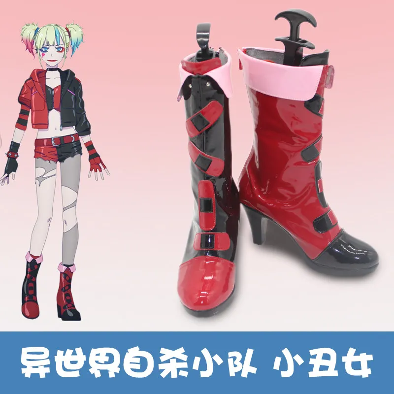 Quin Cosplay Shoes Suicide Isekai Joker Girl Squad Full Set Wig Heels High Heel Boots Handmade Faux Leather Boots