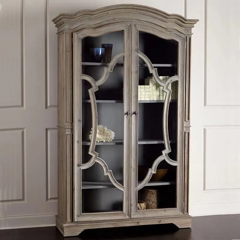 

Американский твердый деревянный резной цветок, обеденный боковой шкаф в стиле ретро, старый шкафчик со стеклянной дверью, витрина, французское декоративное вино