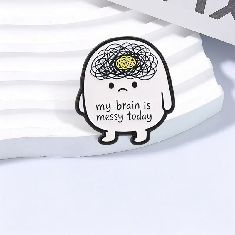My Brain Is Messy Today Enamel Pins Mental Health Brooch Cute Tangled Brain Lines And Sad Tired Stick Figure Badge Jewelry Gifts