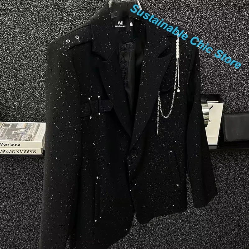 Korean minority design sense Pearl chain black suit jacket female spring and autumn new starry sequins loose Joker casual suit.