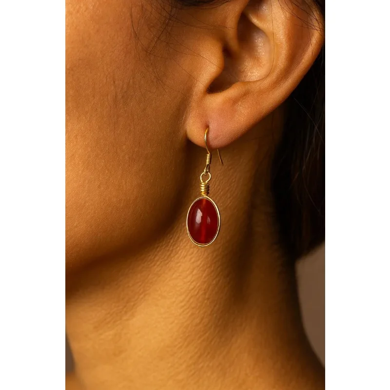 Carnelian crystal gold pendant earrings: July birthstone jewelry